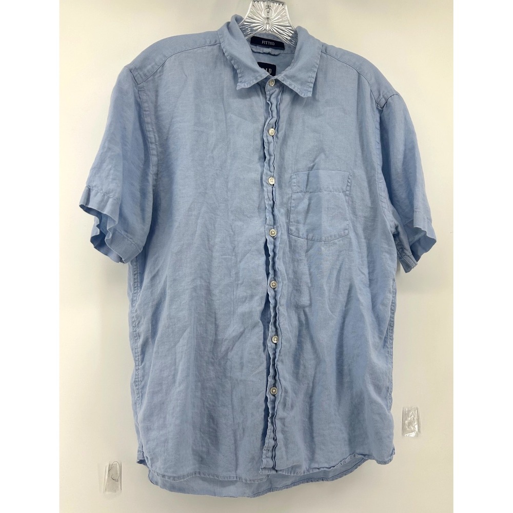 Gap Mens Blue 100% Linen Short Sleeve Button Down Fitted Shirt Size M